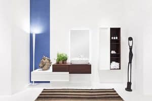 Class 02, Arredo bagno, finitura acacia e bianco lucido, con pensili