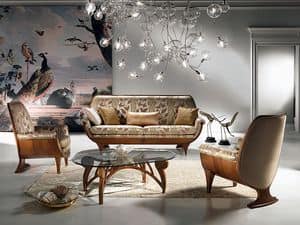 DI01 Confort divano, Divano in legno, imbottito, confortevole, classico di lusso