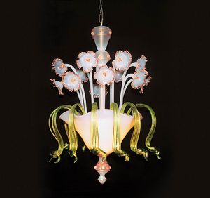 Art. VO 69/S/6, Lampada a sospensione con decorazioni floreali in vetro