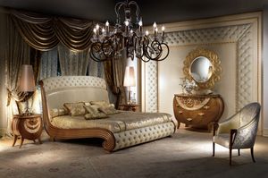 LE19 Vanity letto, Letto in legno massiccio, decori in foglia oro, capitonn