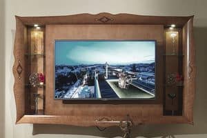 CN03 Charme porta tv, Porta tv pensile, in legno intarsiato, per alberghi di lusso