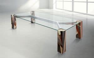 ORFEO R3.0, Tavolo in legno massello incrociato, piano rettangolare in cristallo
