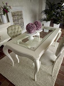 Giulietta tavolo, Tavolo da pranzo in legno bianco, con piano in vetro