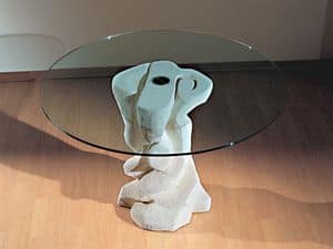 Mezzaluna Flangia, Tavolo rotondo con base in pietra, piano in cristallo