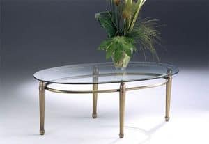 CARTESIO 260, Tavolino ovale in ottone, piano in cristallo per salotto